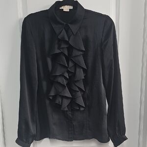 Michael Kors Black Ruffled Blouse with Dress Shirt Collar